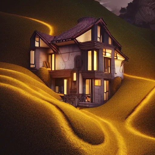 Image similar to ! dream small hillside house made of honey and milk, modern lighting, hyper - realistic, hyper - detailed, 8 k, octane rendered, art nouveau, organic, flowing, impossible torsion, writhing, dusk, lush, dynamic, in the style of ross tran