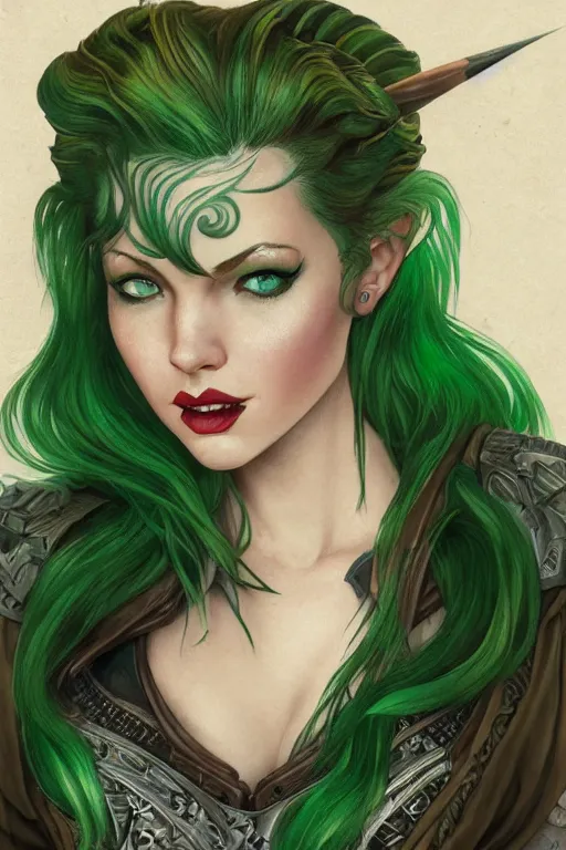 Image similar to green hair tattooed pinup hannah murray, rogue bard, feathers, baldurs gate, diablo, dnd, deep focus, turnaround, fantasy, intricate, elegant, highly detailed, digital painting, artstation, concept art, matte, sharp focus, illustration, hearthstone, art by artgerm and greg rutkowski and alphonse mucha.