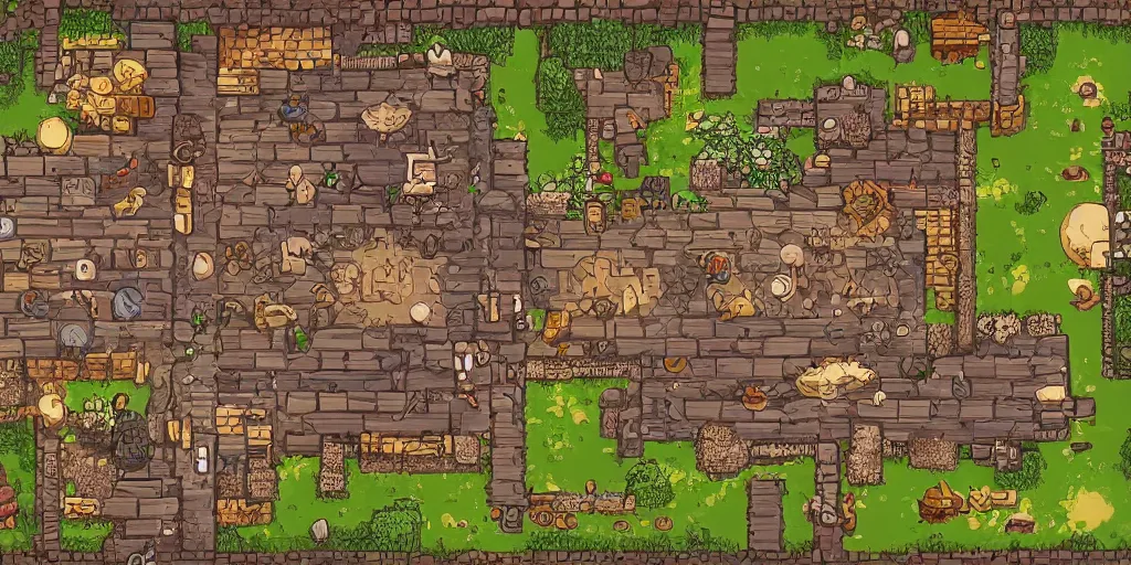 Image similar to A high detailed vector art presenting an aerial view of a RPG tavern by dungeondraft, dofus, Patreon content, containing tables and walls, HD, straight lines, vector, grid, dnd map, map patreon, fantasy maps, foundry vtt, fantasy grounds, aerial view ,dungeondraft , tabletop, inkarnate, dugeondraft, roll20