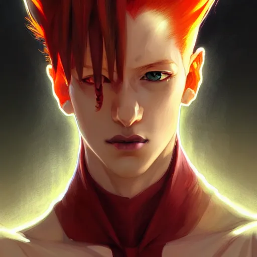 Image similar to portrait of hisoka morow hunter hunter, male, sharp jaw yellow eyes small eyes red hair crimson medium length hair, anime, fantasy, intricate, elegant, highly detailed, digital painting, artstation, concept art, matte, sharp focus, illustration, art by artgerm and greg rutkowski and alphonse mucha