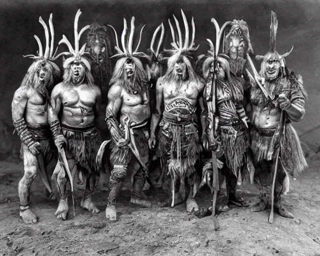 Prompt: group vintage photograph of a real fantasy warrior orc tribe, tall, muscular, armored, tribal paint, highly detailed