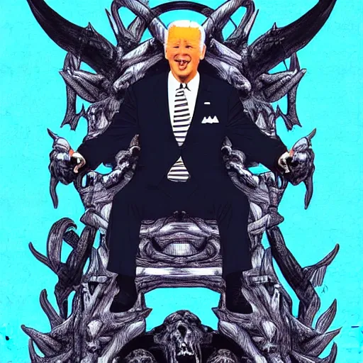 Prompt: Demon Joe Biden sitting on a throne of skulls, digital painting