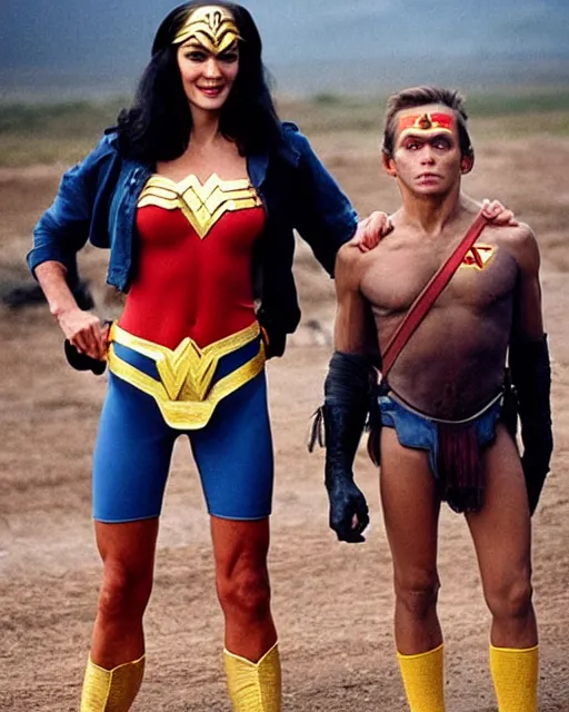 Image similar to a Chimpanzee dressed as Wonder Woman stands next to Clint Eastwood photographed in the style of Annie Leibovitz, photorealistic