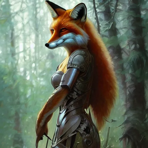 Prompt: photo of a humanoid fox were a heroic dress an armour in the forest, long hair, highly detailed, digital painting, artstation, smooth, sharp focus, illustration, art by artgerm and greg rutkowski and alphonse mucha