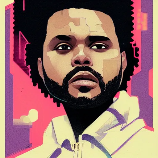 Prompt: The Weeknd profile picture by Sachin Teng, cyberpunk, 80's, retrowave, asymmetrical, dark vibes, Realistic Painting , Organic painting, Matte Painting, geometric shapes, hard edges, graffiti, street art:2 by Sachin Teng:4