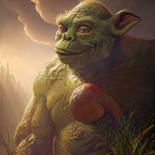 Image similar to a hyperrealistic illustration of a mix of an oger and giant and goblin, 8 k ultra realistic creature, detailed intricate, with fractal sunlight, award - winning, masterpiece, in the style of tom bagshaw, cedric peyravernay, peter mohrbacher