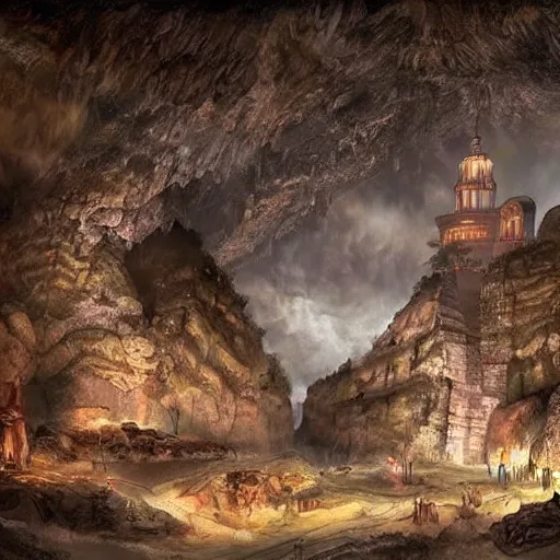 Image similar to the city of Rome but underground in an impossibly large cave,fantasy art,realistic,high quality,detailed