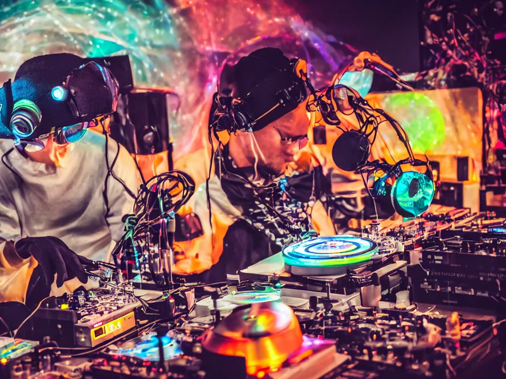 Image similar to a person wearing goggles and visor and headphones using a complex record player contraption, wires and tubes, turntablism dj scratching, intricate planetary gears, cinematic, imax, sharp focus, leds, bokeh, iridescent, black light, fog machine, hazy, lasers, color splash, cyberpunk