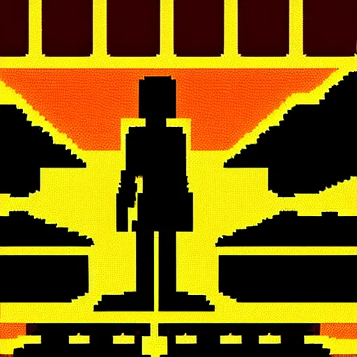 Prompt: a silhouette standing in the middle of a dark street, pixel art, platform game, 2 d, low contrast