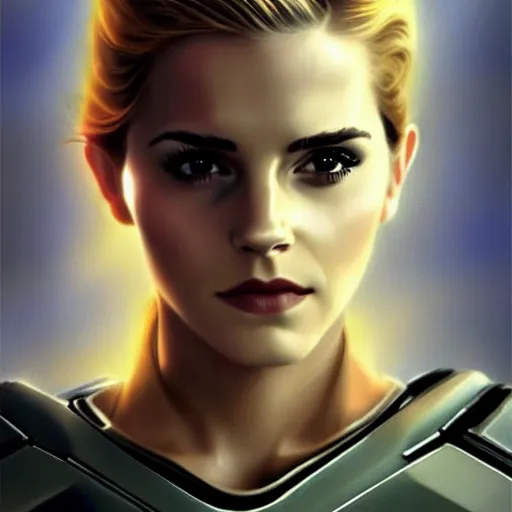 Image similar to A combination of Emma Watson's and Grace Kelly's and Ashley Greene's appearances with blonde hair wearing Master Chief's armor, angular, full body portrait, futuristic, dramatic, fantasy, intricate, elegant, highly detailed, digital painting, artstation, concept art, matte, sharp focus, illustration, art by Donato Giancola and James Gurney