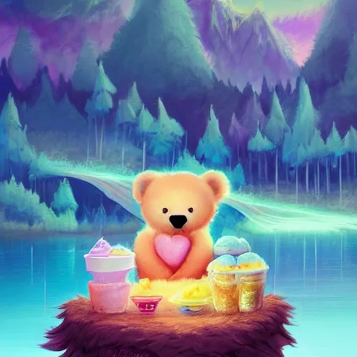 Image similar to a beautiful digital matte painting of an adorable teddy bear with fairy wings sleeping on a cloud of cotton candy, surrounded by candy and desserts, bright natural morning light, mountains river trees, pastel color palette, by andreas rocha and jeremiah ketner