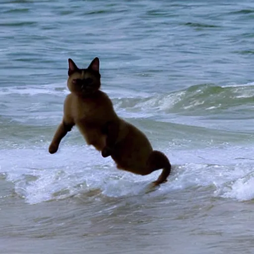 Prompt: siamese cat plays surfing