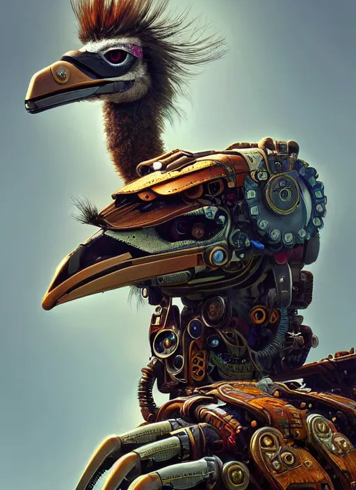 Prompt: portrait of a emu, robot steampunk, floral! horizon zero dawn machine, intricate, elegant, highly detailed, ray tracing, digital painting, artstation, concept art, smooth, sharp focus, illustration, art by artgerm and greg rutkowski and alphonse mucha, 8 k