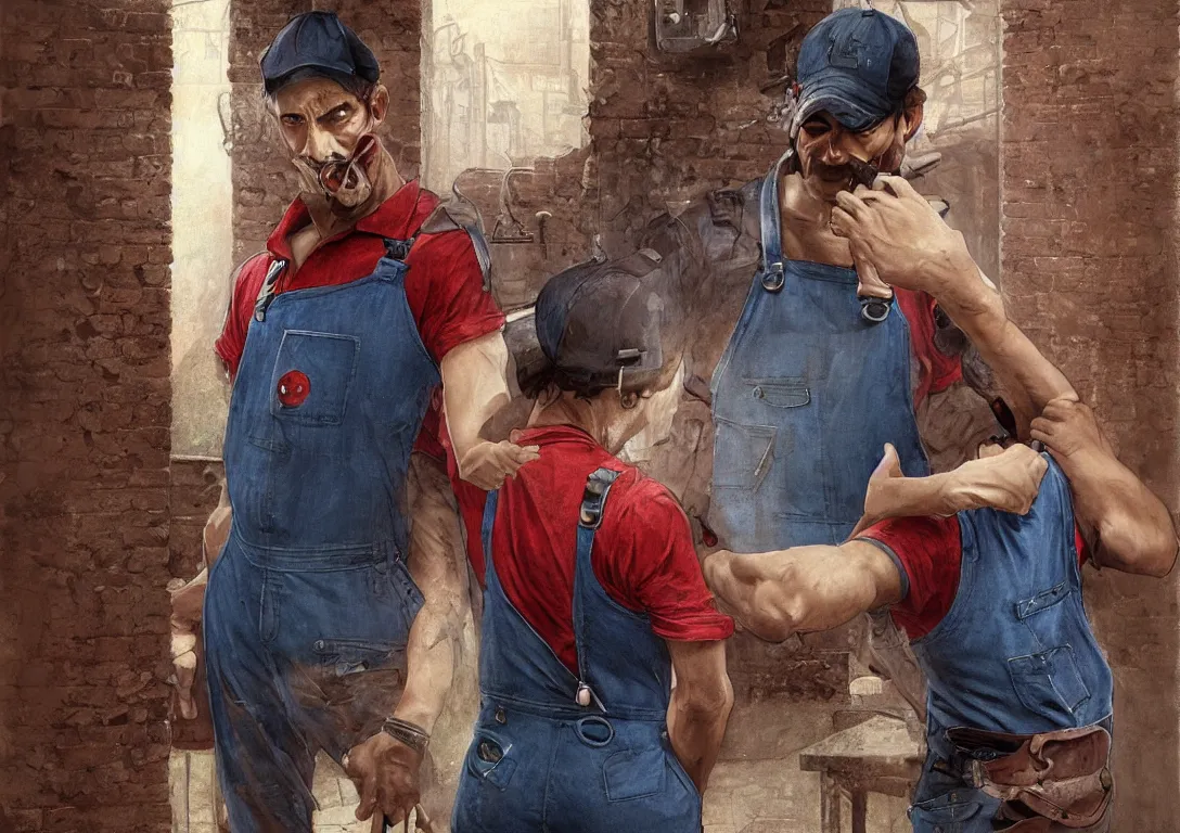 Image similar to italian man in blue overalls and red shirt with a red baseball cap and a big brown mustache with his back against a brick wall, dark mood, horror, resident evil, highly detailed, digital painting, artstation, illustration, art by artgerm and greg rutkowski and alphonse mucha and krenz cushart