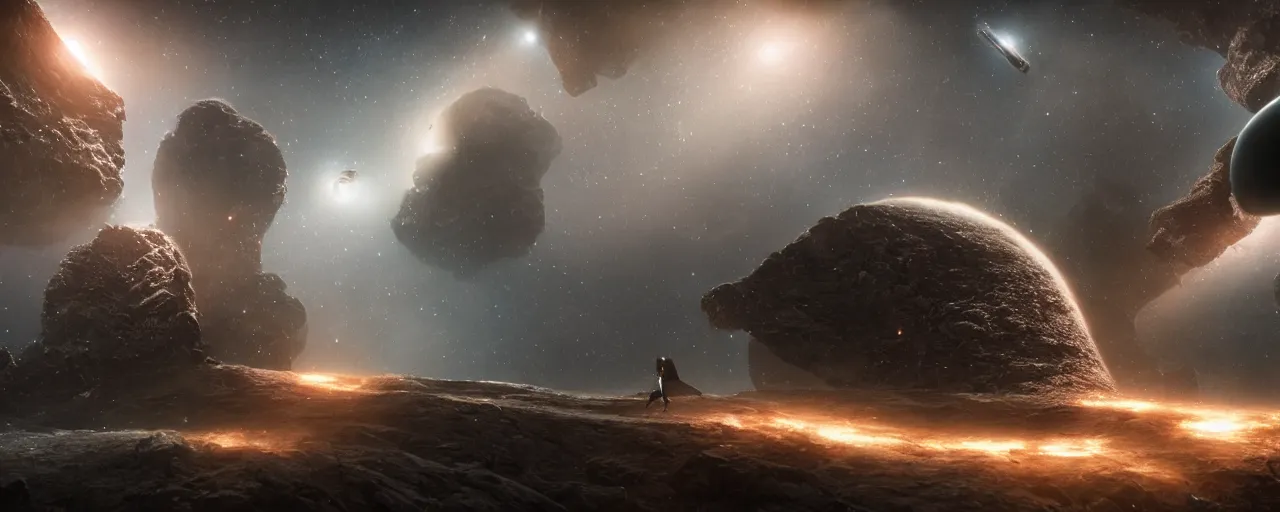 Image similar to movie still, thin galactic horizon, a dark epic galaxy, space scene, dark scifi, unreal engine, octane render, detailed and intricate, global illumination, volumetric lighting, hubble telescope images, james webb telescope images, houdini fluid simulation, detailed and intricate environment