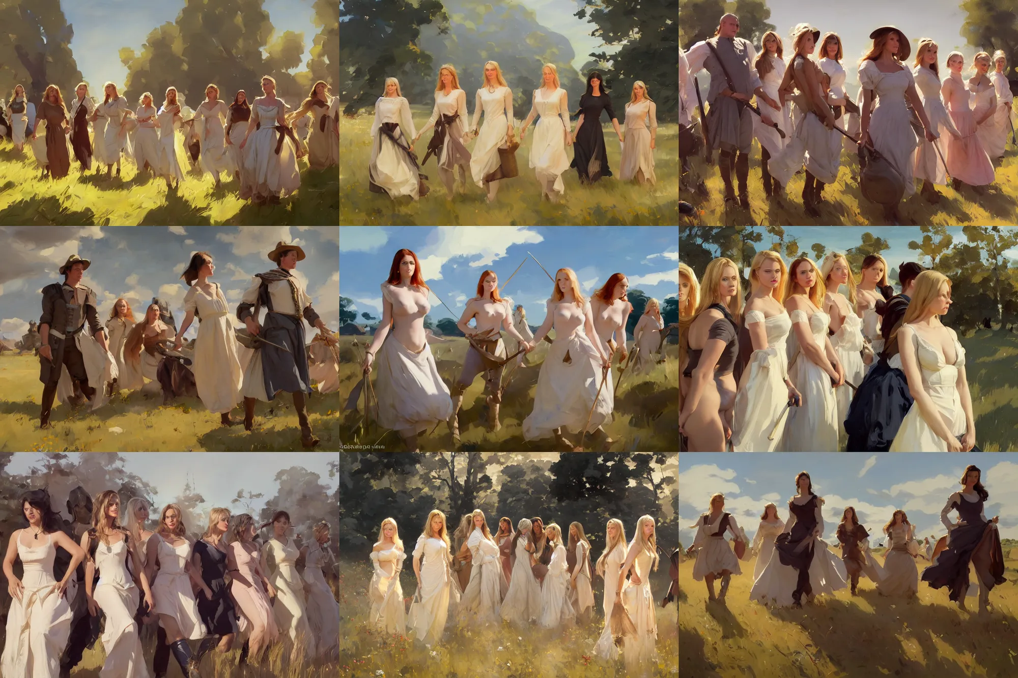 Prompt: group of beautiful finnish norwegian swedish scandinavian attractive glamour models wearing 1 7 th century stays with low neckline walking in the field in a sunny day, jodhpurs greg manchess painting by sargent and leyendecker, studio ghibli fantasy close - up shot asymmetrical intricate elegant matte painting illustration hearthstone, by greg rutkowski by greg tocchini by james gilleard