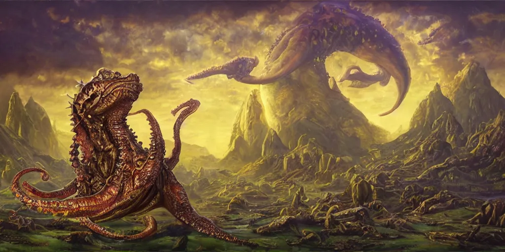 Image similar to fantasy oil painting, great leviathan, cybernetic turtle cephalopod terrapin reptilian pachyderm squid, bella hadid, hybrid, milla jovovich, anubis, epic natural light, lush plants flowers, spectacular mountains, bright clouds, luminous sky, outer worlds, golden hour, michael cheval, edward hopper, michael whelan, vray, hd