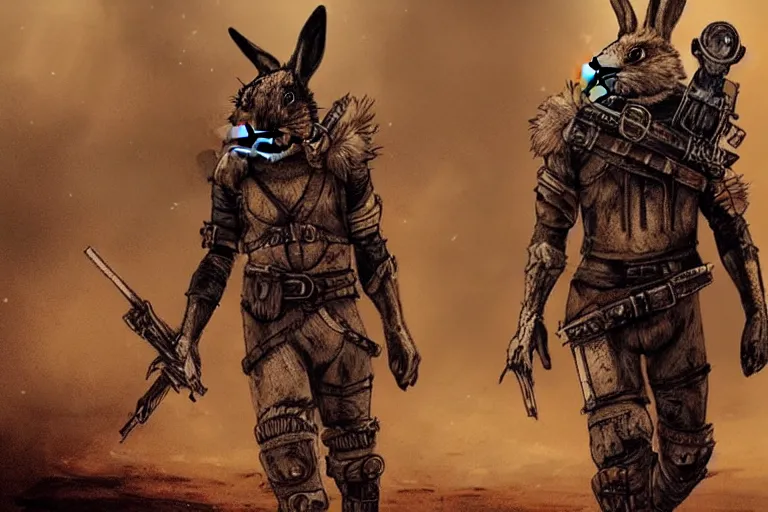 Image similar to a good ol'rabbit fursona ( from the furry fandom ), heavily armed and armored facing down armageddon in a dark and gritty version from the makers of mad max : fury road. witness me.