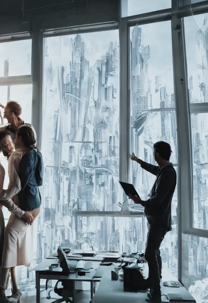 Image similar to wife hugging her husband that is working at his futuritic desk looking at the window with a futuristic city, highly detailed