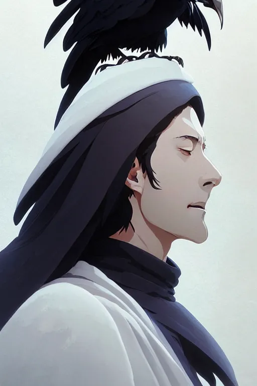 Image similar to raven headed warlock doing magic spells wind, white robes, finely detailed perfect face, exquisite details, mid view, design on a white background, by studio muti, greg rutkowski makoto shinkai takashi takeuchi studio ghibli