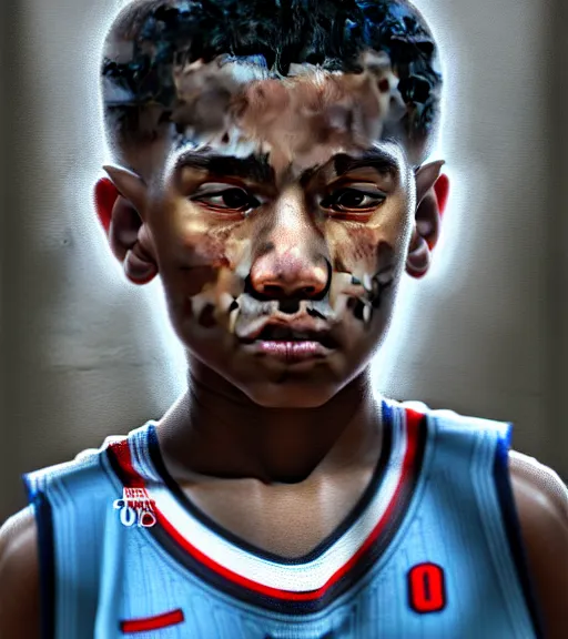 Image similar to portrait of a boy at a basketball court playing basketball wearing a basketball jersey in a basketball court standing near the basketball hoop, intense emotion, detailed facial expression, detailed surroundings, intricate, elegant, highly detailed, centered, digital painting, artstation, concept art, smooth, sharp focus, illustration, by (Michelangelo), WLOP