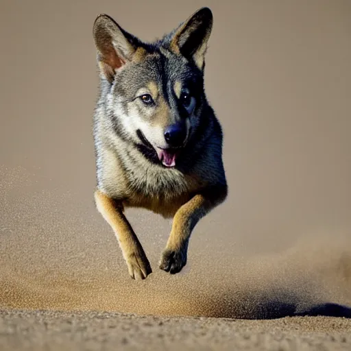 Image similar to award winning wildlife photography, a Swedish vallhund, high midair shot, running towards the camera, straight shot, high shutter speed, dust and sand in the air, wildlife photography by Paul Nicklen, shot by Joel Sartore, Skye Meaker, national geographic, perfect lighting, blurry background, bokeh