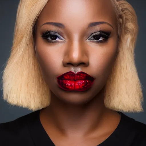 Prompt: headshot photo of a black female with blonde hair and deep red lips, intricate, elegant, highly detailed, award winning, smooth, sharp focus