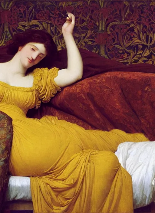 Image similar to masterpiece portrait of lady reclining vertically on bed wearing yellow ochre ornate medieval dress, foreshortening, colour photography by frederic leighton, william morris, 8 k