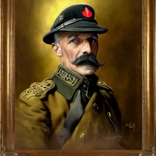 Image similar to old dog with big mustache dressed as a veteran colonel of the first world war german army, highly detailed painting by gaston bussiere, craig mullins, j. c. leyendecker