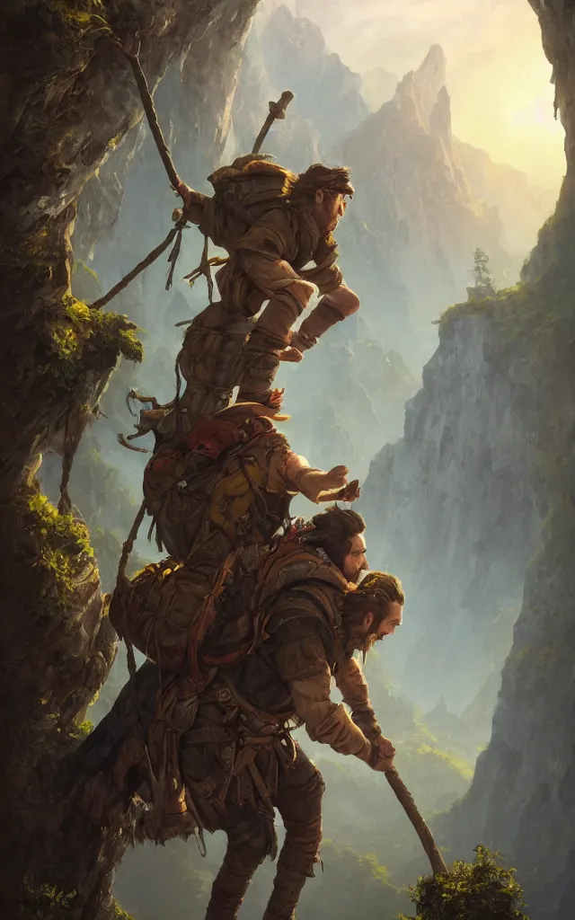 Image similar to an oil art close - up portrait painting of young handsome fool adventurer with adventurer hiking backpack, grim gwent card, gipsy mage adventurer character design from inquisition, climbing up a cliffside, 4 k, ultra detail, volumetric lighting, unreal engine, octane render, by tom bagshaw, andreas rocha, karol bak, artgerm