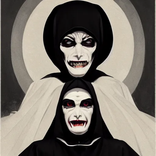 Image similar to scary female vampire nun, symmetrical face, evil grin, nun outfit, portrait size, cinematic, dramatic, super detailed and intricate, by koson ohara, by darwyn cooke, by greg rutkowski, by satoshi kon