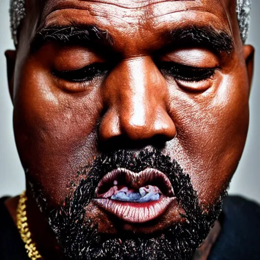 Image similar to the face of old kanye west wearing yeezy clothing at 6 0 years old, portrait by julia cameron, chiaroscuro lighting, shallow depth of field, 8 0 mm, f 1. 8