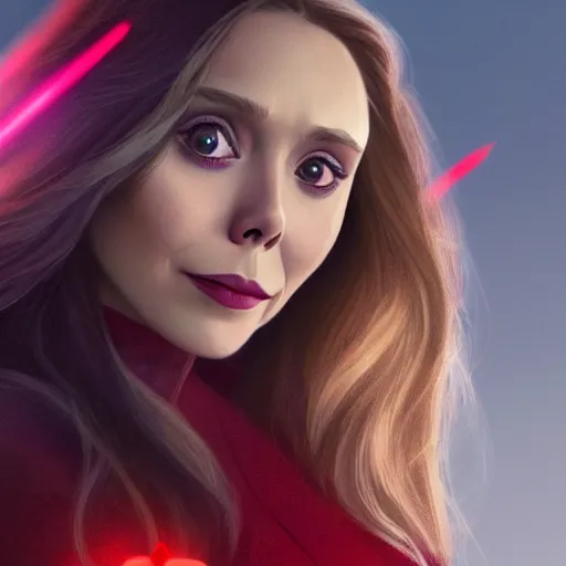 Prompt: [ pixar illustration ]!!!!! of elizabeth olsen [ cast as the scarlet witch ], trending on artstation, 4 k quality