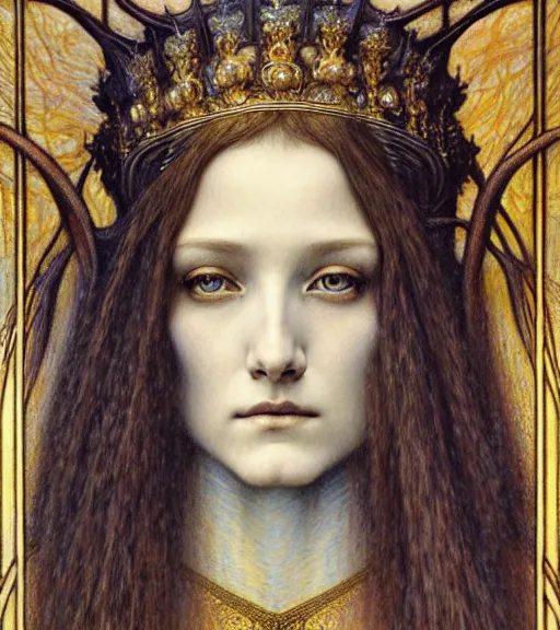 Image similar to detailed realistic beautiful young medieval queen face portrait by jean delville, gustave dore and marco mazzoni, art nouveau, symbolist, visionary, gothic, pre - raphaelite. horizontal symmetry