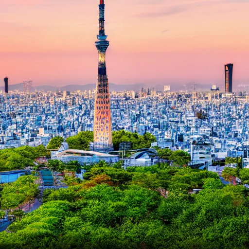Prompt: A beautiful landscape of photorealistic shift phtograpy, hologram of Japan Tokyo Skytree, summer, highly detailed, wallpaper, 8k, awarded winning photo