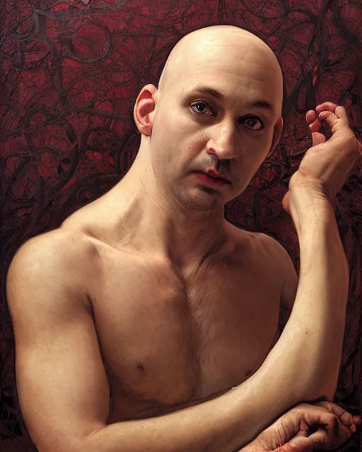 Image similar to portrait of a 4 0 - year - old bald character, male, with a white complexion, wide, cat - like scarlet eyes, nose as a snake, and a thin mouth, wearing in black clothes, hyper realistic face, beautiful eyes, fantasy art, in the style of greg rutkowski, intricate, alphonse mucha, hyper detailed, smooth