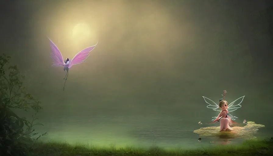 Prompt: a fairy riding a heron over a misty lake, ambient lighting, light bloom, cool lighting, in the style of fantasy art and Over the Garden Wall!!