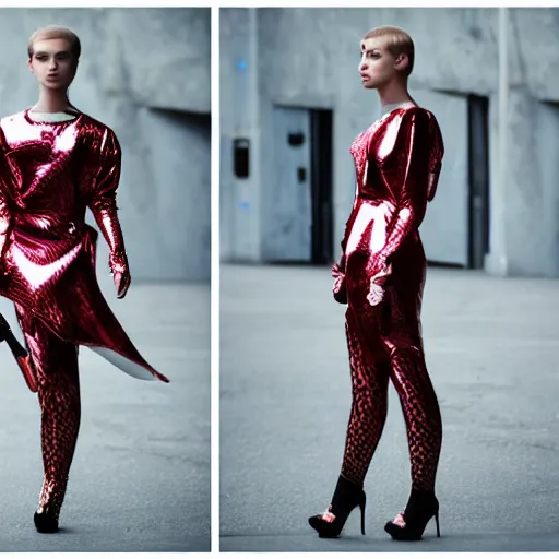 Image similar to big budget photoshoot of a model in futuristic prada clothes H 768