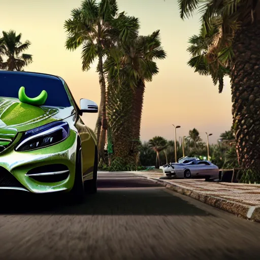 Prompt: a close up photo of a frog driving a mercedes in marrakech, palm trees, close up, octane render, unreal engine, hyperdetailed