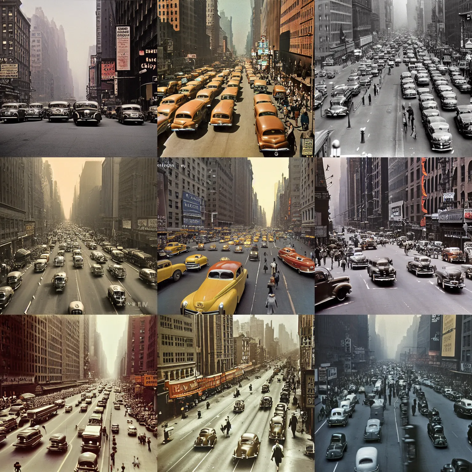 Prompt: a kodachrome photograph of a busy new york city street 1940s, early morning rush hour, morning light, photorealistic