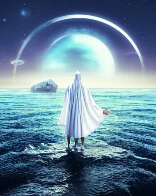 Prompt: a person wearing a white cloak that's blowing in the wind. they are standing in the water. a large planet with rings is visible in the sky. an album cover by stanley twardowicz, trending on cg society, retrofuturism, retrowave, chillwave, synthwave