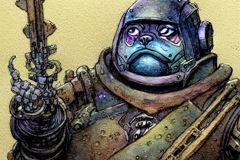 Prompt: a simple and atmospheric watercolour fantasy character concept art portrait of a mechanized android pug as a druidic warrior wizard looking at the camera with an intelligent gaze, very muted colors, by rebecca guay, michael kaluta, charles vess and jean moebius giraud