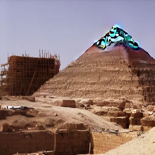 Prompt: a photograph of the great pyramid of giza at the early stages of construction with scaffolding and workers, dslr high resolution