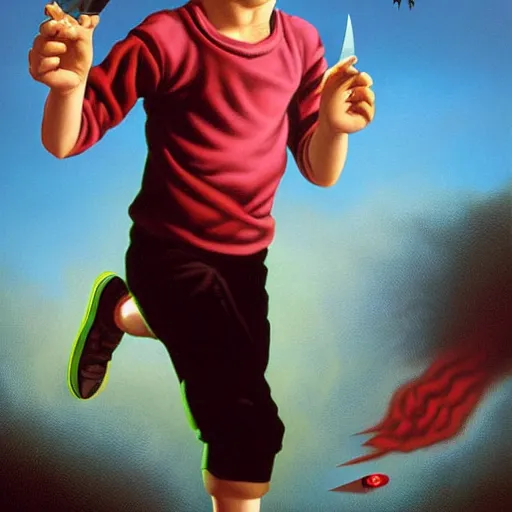 Image similar to a running child turning into vapor, mist, smoke, blood, scissors in hand, a detailed matte painting by Jason Edmiston, John Philip Falter