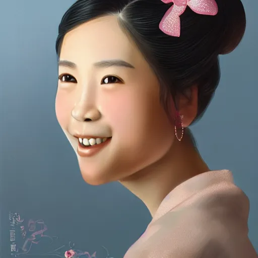 Prompt: portrait of asian girl, round face, brown hair, ponytails, half updo hairstyle, skinny, smile, attractive, small chin, wearing pink hair bow, polkadot blouse and skirt, earrings, intricate, elegant, glowing lights, highly detailed, digital painting, artstation, sharp focus, illustration, art by wlop, mars ravelo and greg rutkowski