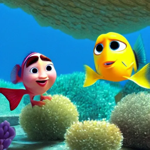 Prompt: a screenshot of a pixar film of two fish underwater watching a ship