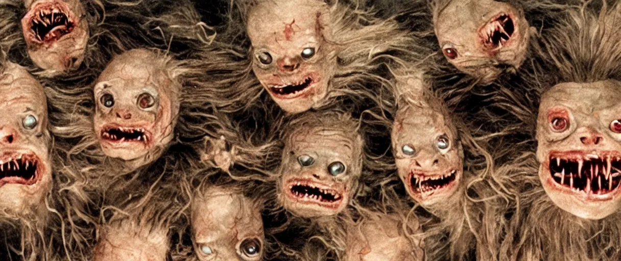 Image similar to filmic extreme wide shot movie still 4k UHD interior color photograph of multiple severed reanimated severed heads protruding out of a mutated abstract shape shifting organism with a variety of chimera animal limbs made of human internal organs, in the style of a horror film The Thing 1982