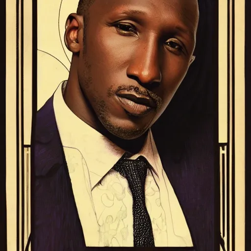 Image similar to mahershala ali portrait by louis - theophile hingre and alphonse mucha, realistic, sharp focus, zodiac signs, tarot cards, planets, ethereal, art nouveau, magic, moon, sun, crown, dreamy, royal, jewellery