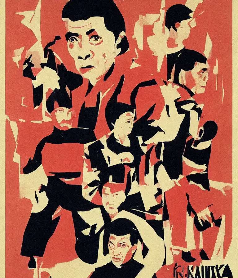 Image similar to Beautiful colorful Russian Constructivist Kung Fu Movie Poster made for the film Franz Kafka's Brutal Reckoning (1997) Starring Steve Buscemi and Jackie Chan, minimalist oil paint and ink and photo collage by El Lissitsky and Diane Arbus, Vivid color trending on artstation Cinematic lighting bauhaus collage!! 8k