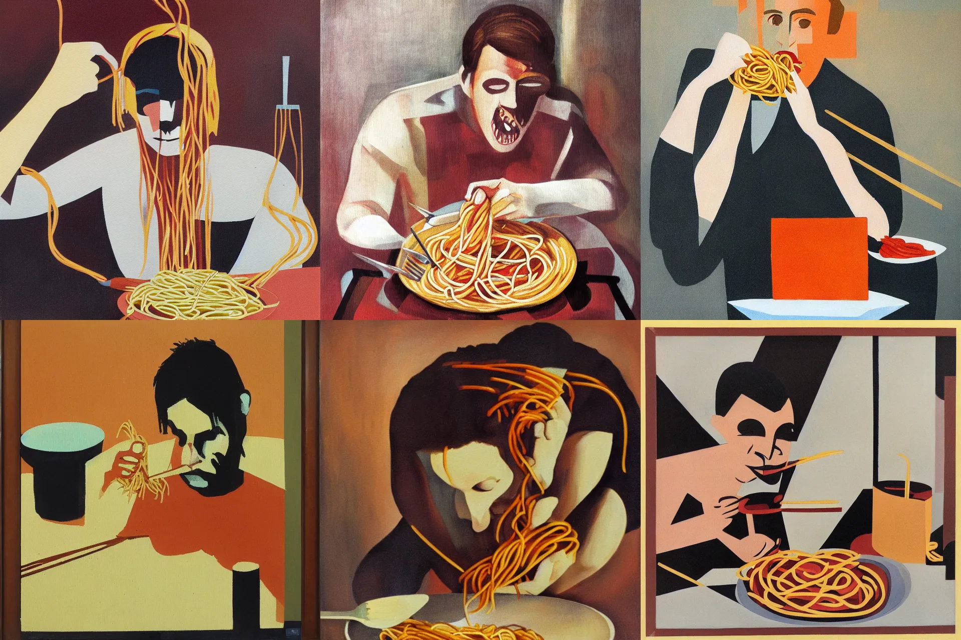 Prompt: bauhaus painting of idiot eating spaghetti